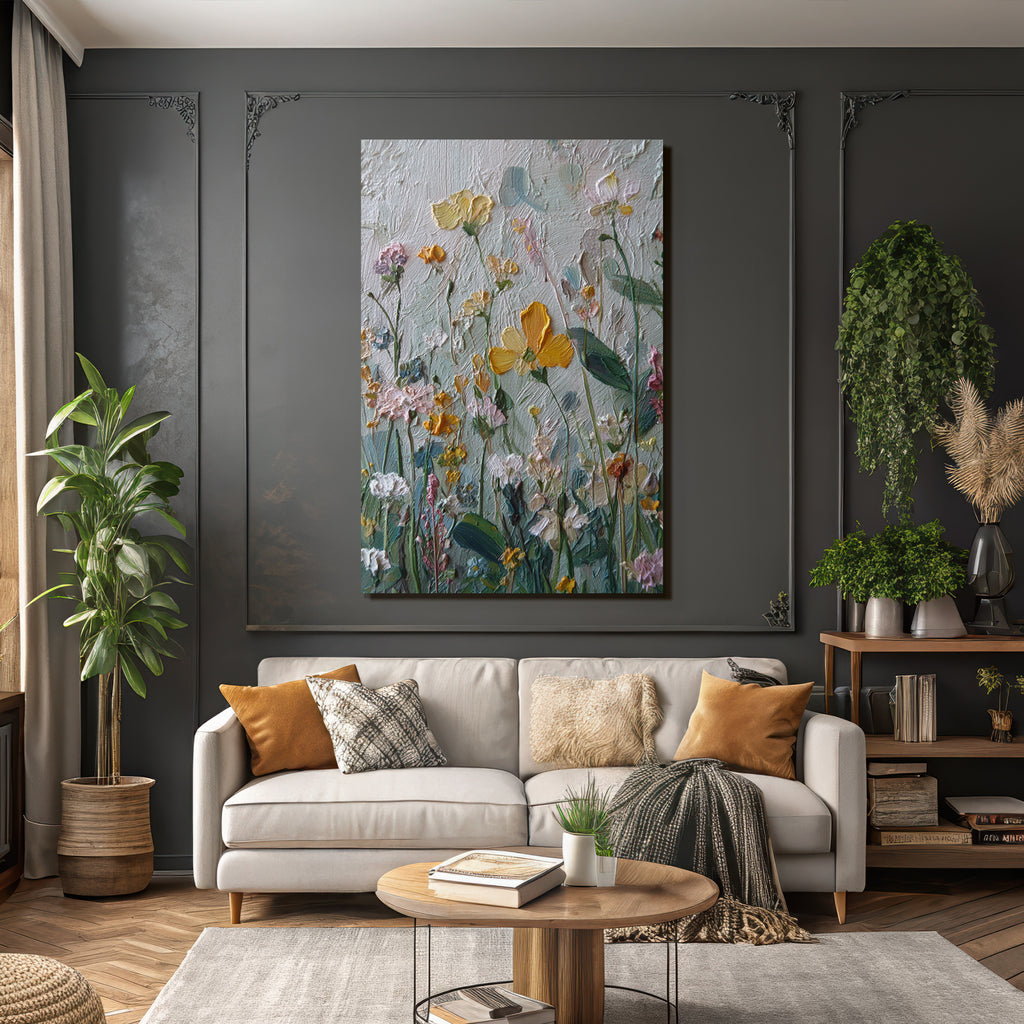 Texturiertes Gemälde Mit Lebendigen Blumen In Pastell Und Gelb