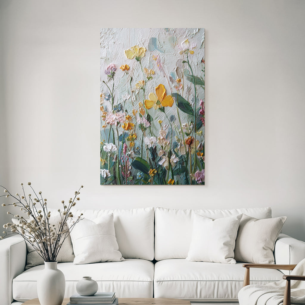 Texturiertes Gemälde Mit Lebendigen Blumen In Pastell Und Gelb