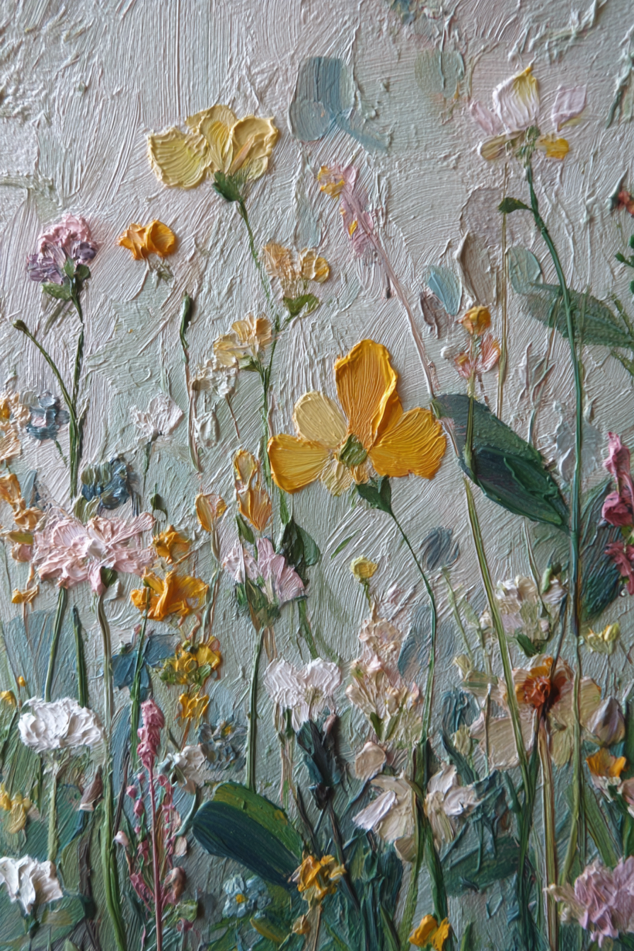 Texturiertes Gemälde Mit Lebendigen Blumen In Pastell Und Gelb | Wasserfaelle und Tropfen | Natur