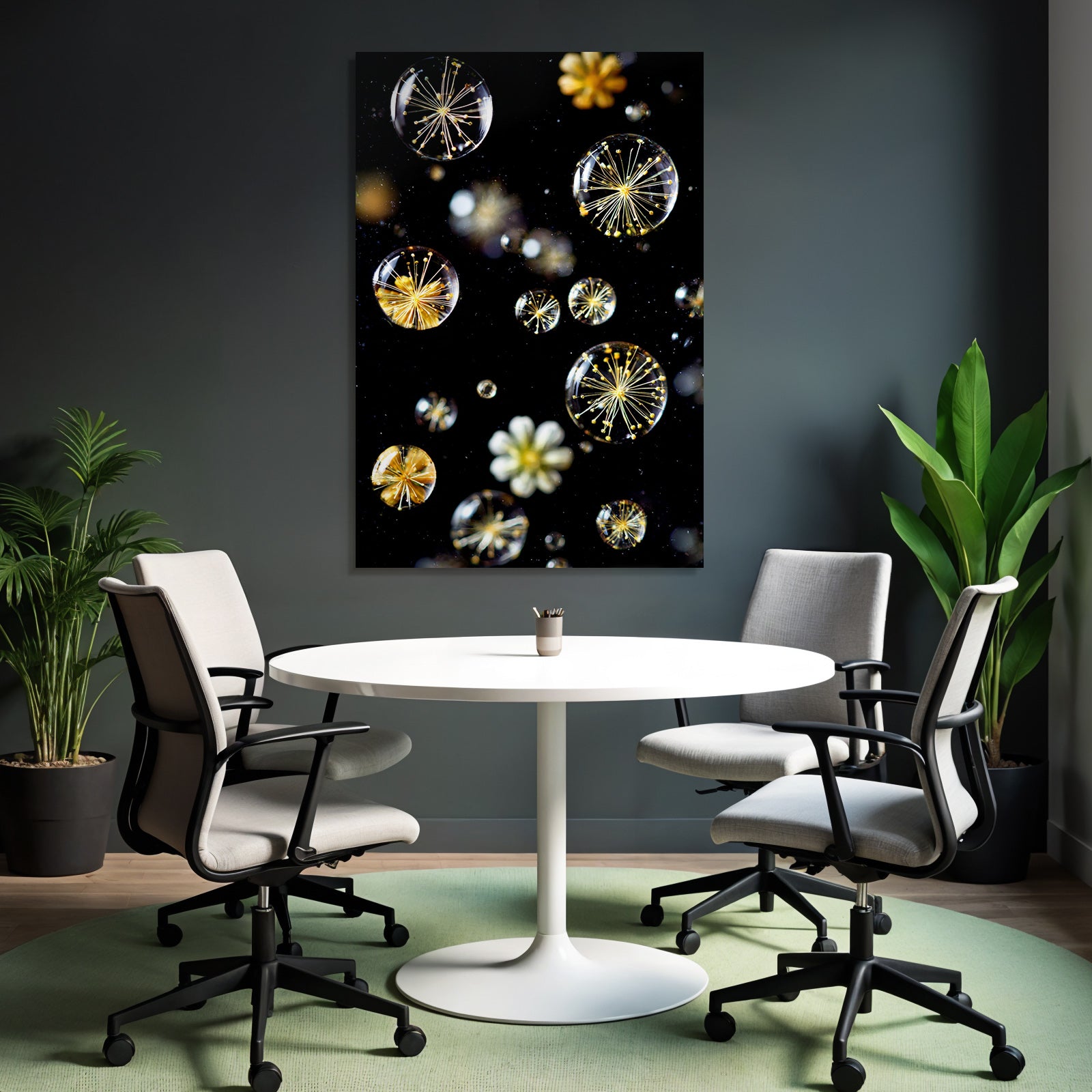 Transparente Blasen Mit Zarten Botanischen Elementen Auf Dunklem Hintergrund