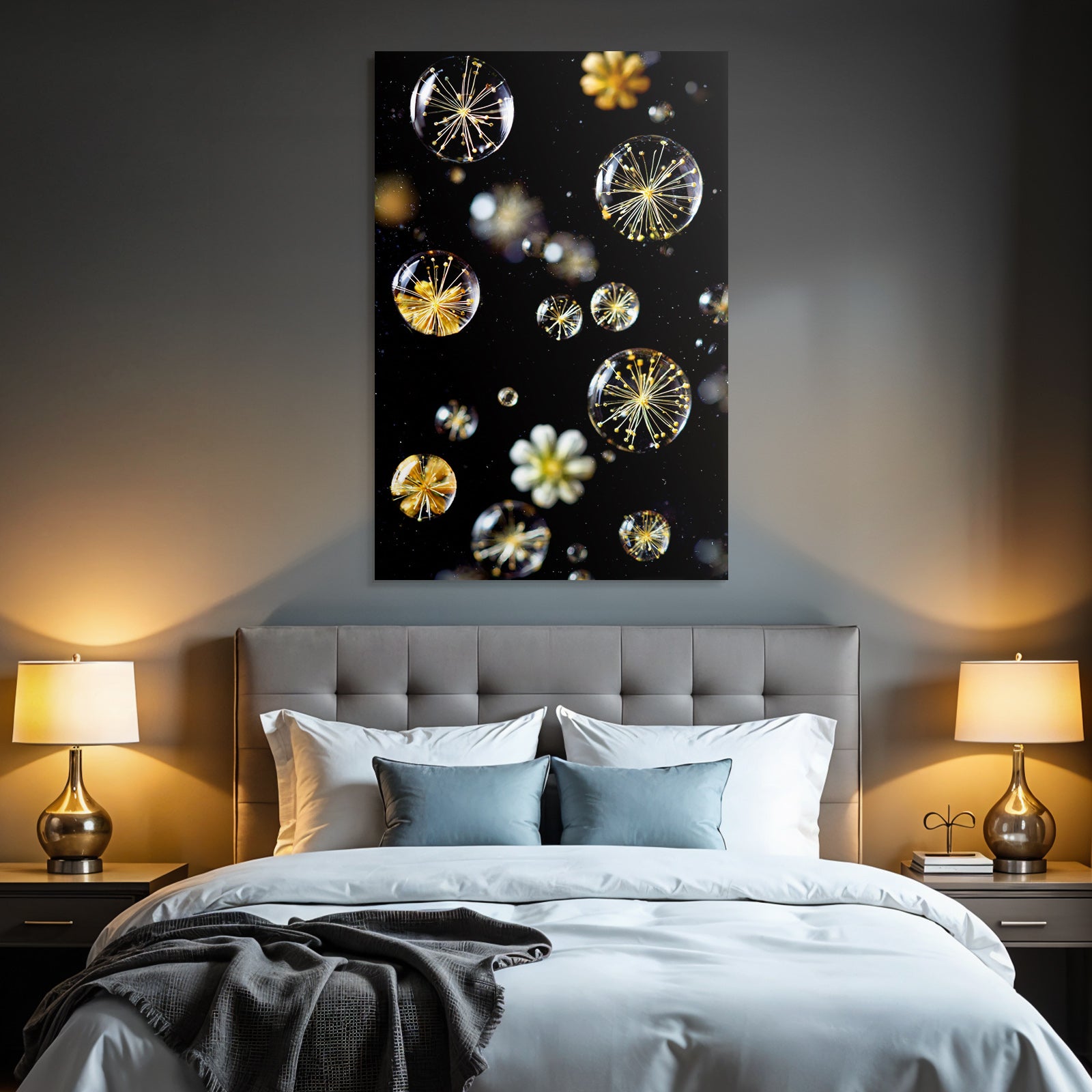 Transparente Blasen Mit Zarten Botanischen Elementen Auf Dunklem Hintergrund