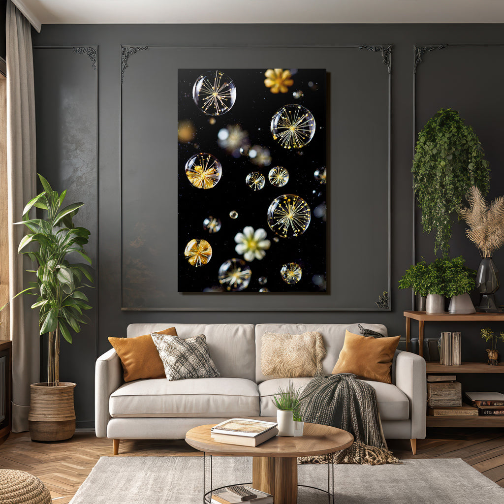 Transparente Blasen Mit Zarten Botanischen Elementen Auf Dunklem Hintergrund
