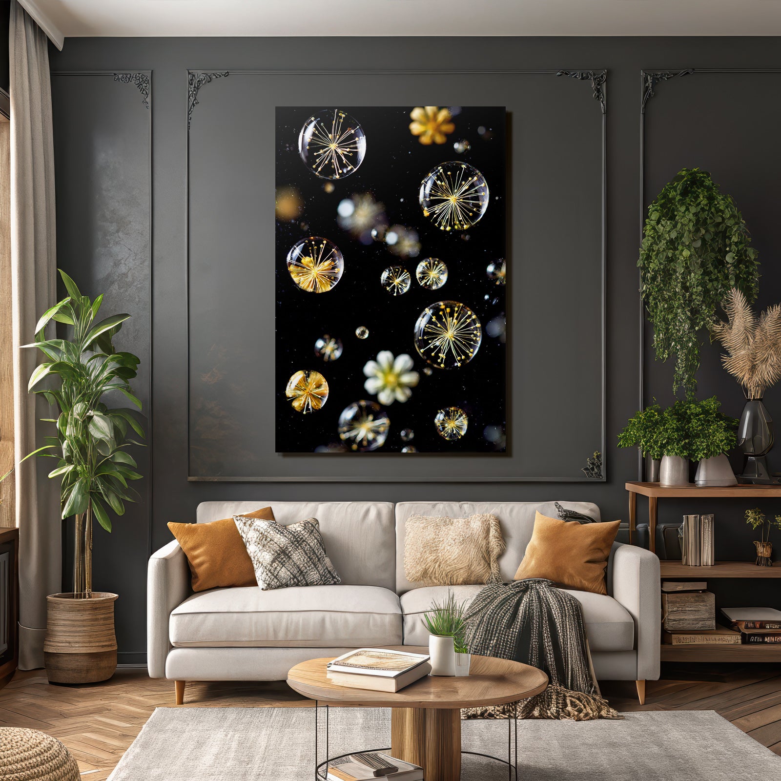 Transparente Blasen Mit Zarten Botanischen Elementen Auf Dunklem Hintergrund