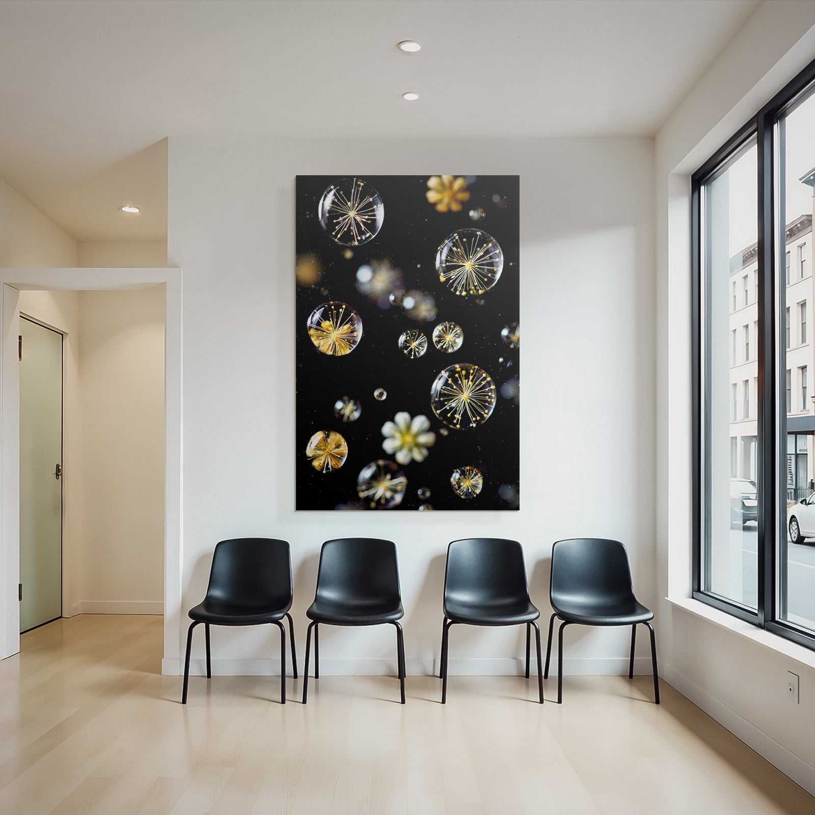 Transparente Blasen Mit Zarten Botanischen Elementen Auf Dunklem Hintergrund