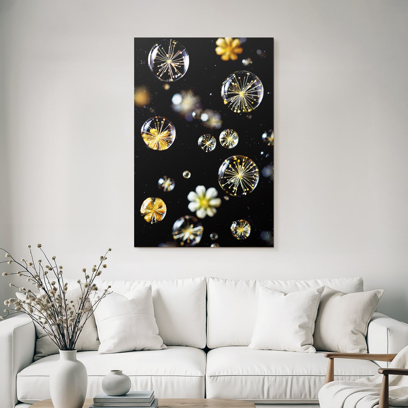 Transparente Blasen Mit Zarten Botanischen Elementen Auf Dunklem Hintergrund