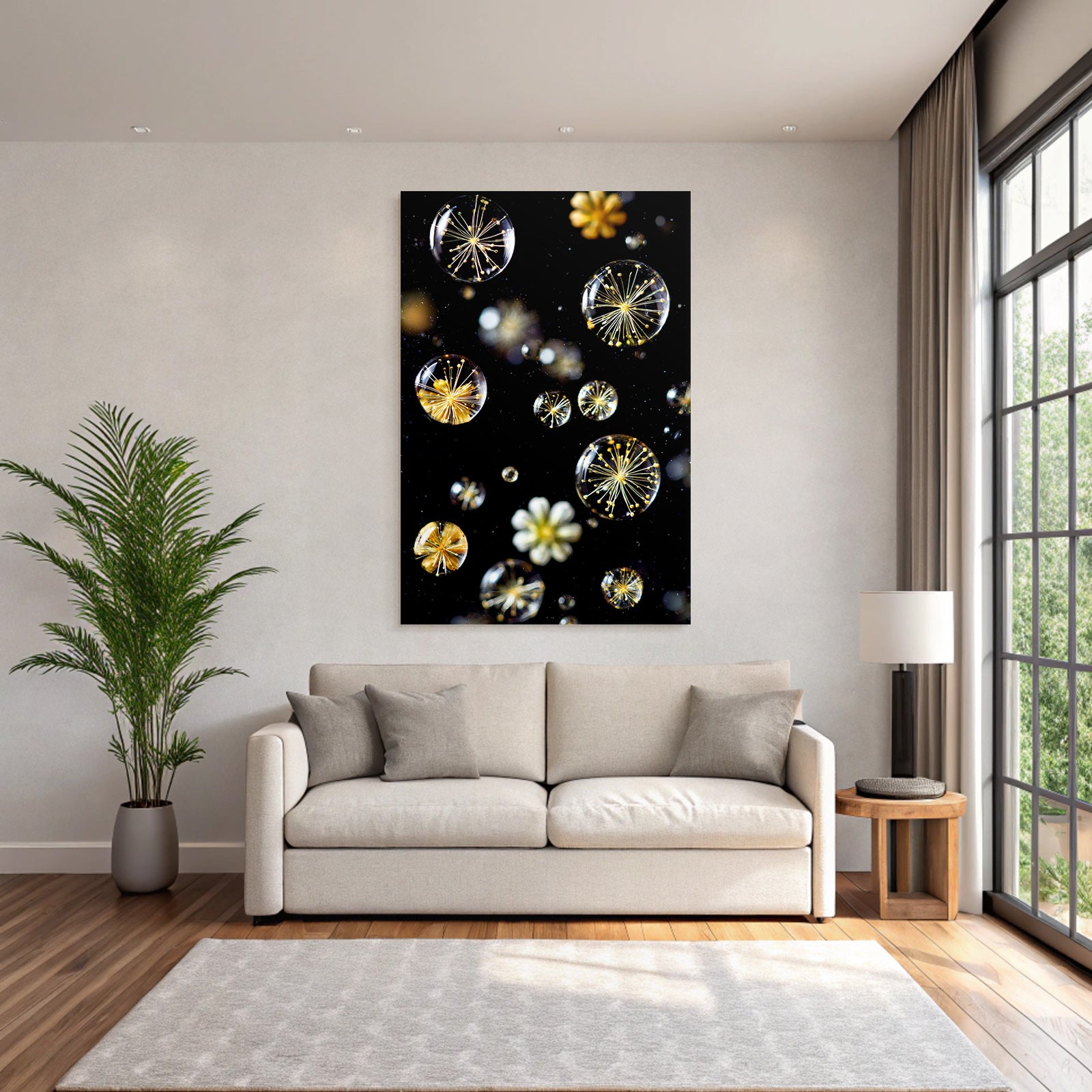 Transparente Blasen Mit Zarten Botanischen Elementen Auf Dunklem Hintergrund