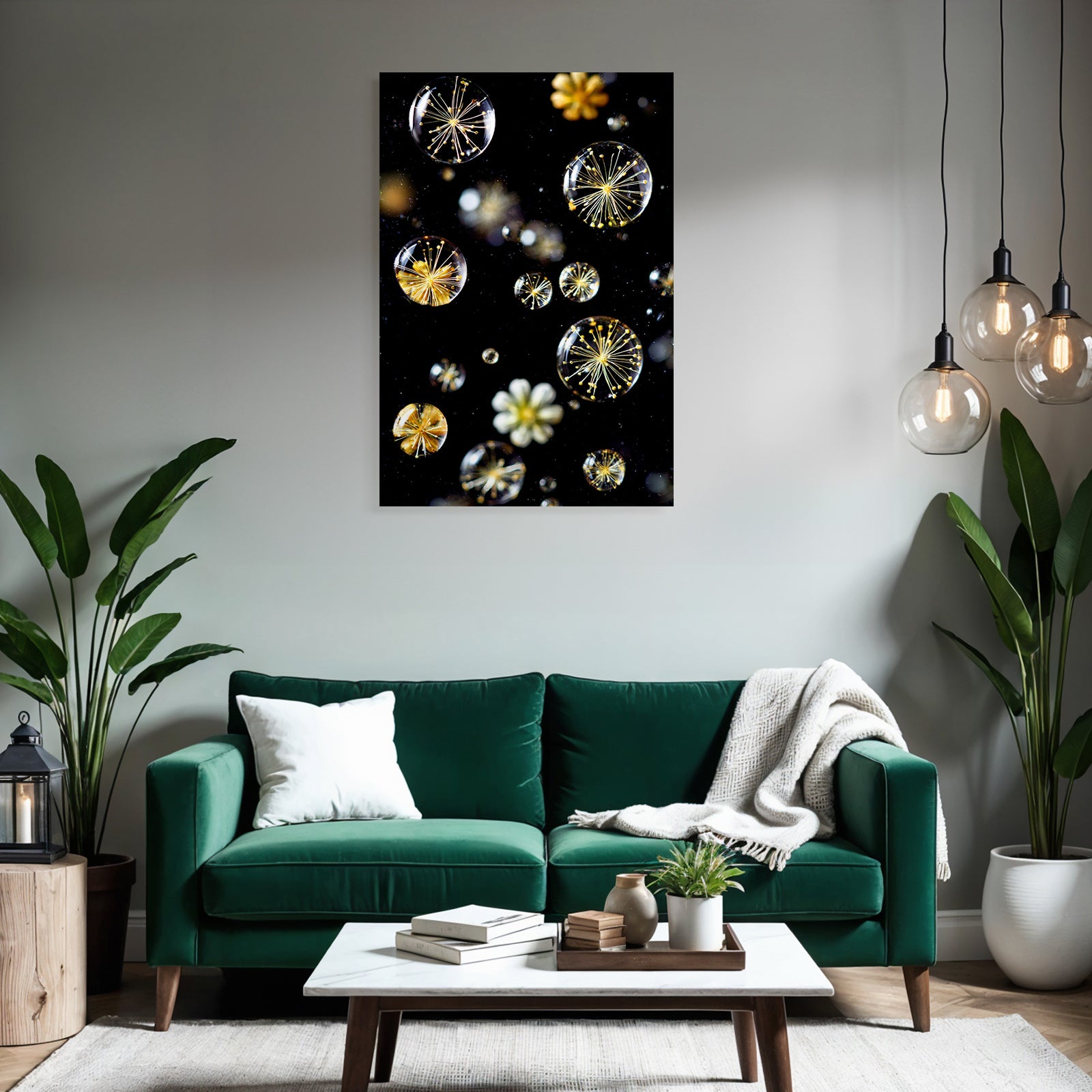 Transparente Blasen Mit Zarten Botanischen Elementen Auf Dunklem Hintergrund