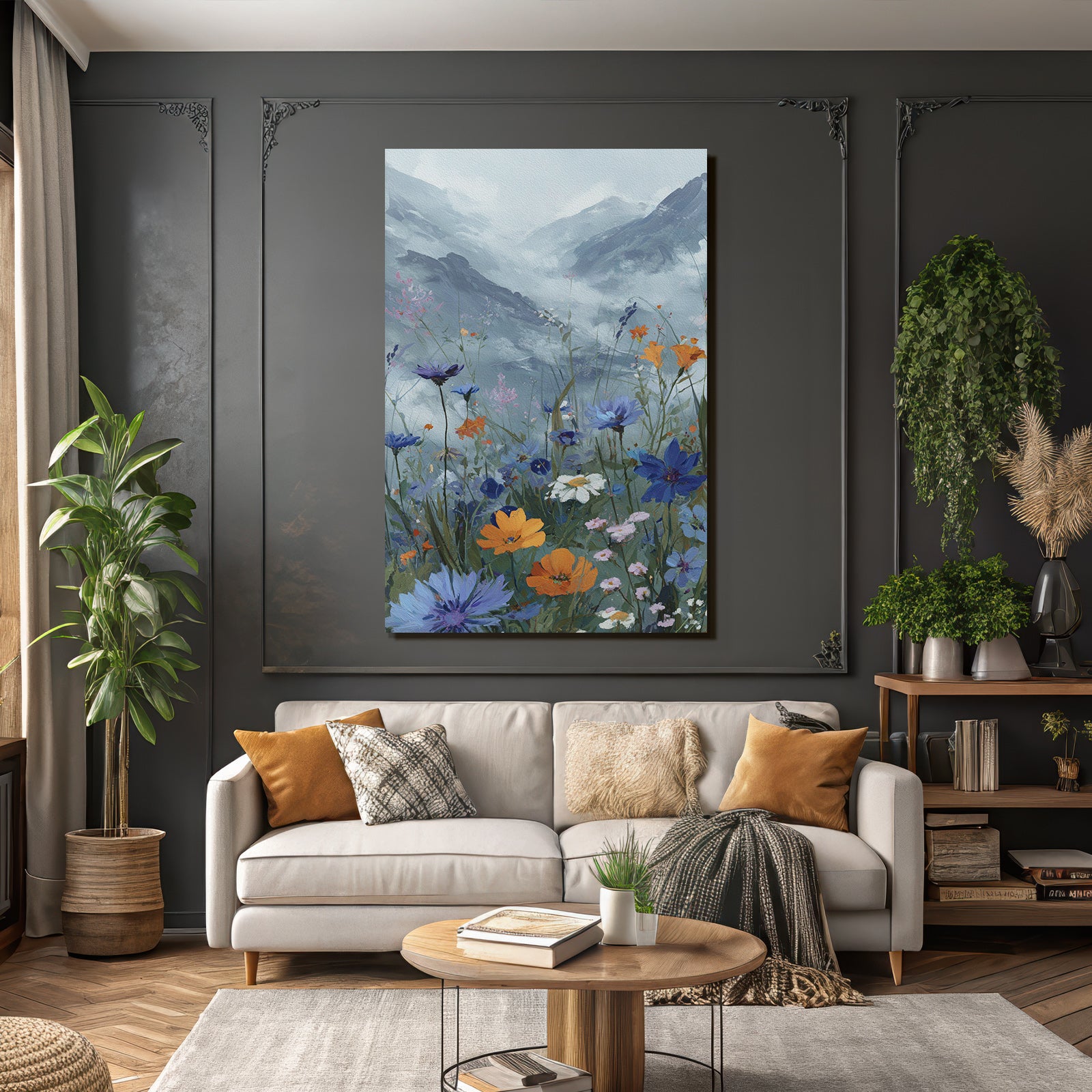 Wasserfarbenmalerei Blumenwiese Vor Nebligen Bergen