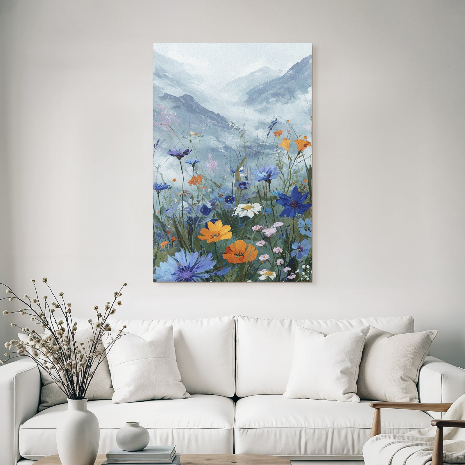 Wasserfarbenmalerei Blumenwiese Vor Nebligen Bergen