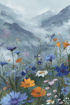 Wasserfarbenmalerei Blumenwiese Vor Nebligen Bergen | Wasserfaelle und Tropfen | Natur