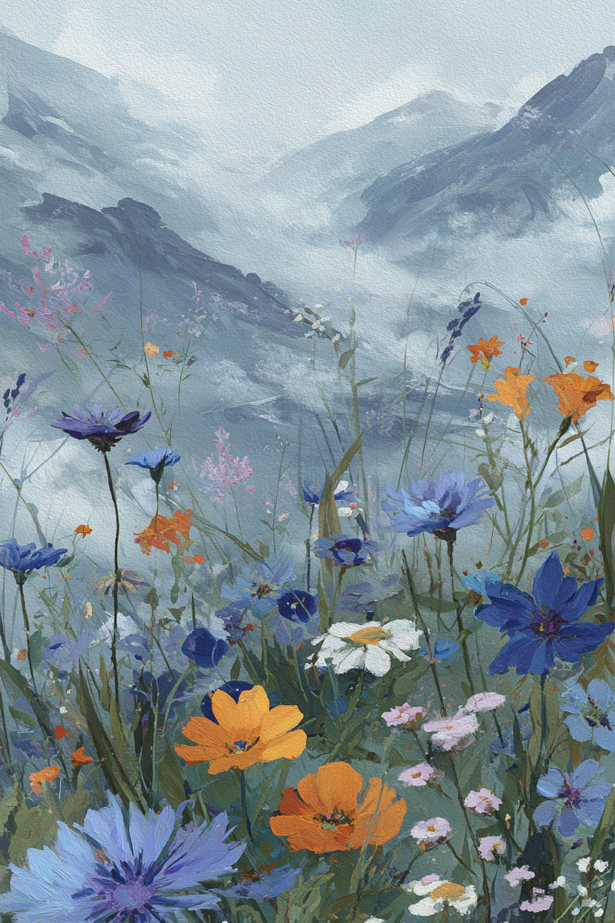 Wasserfarbenmalerei Blumenwiese Vor Nebligen Bergen | Wasserfaelle und Tropfen | Natur