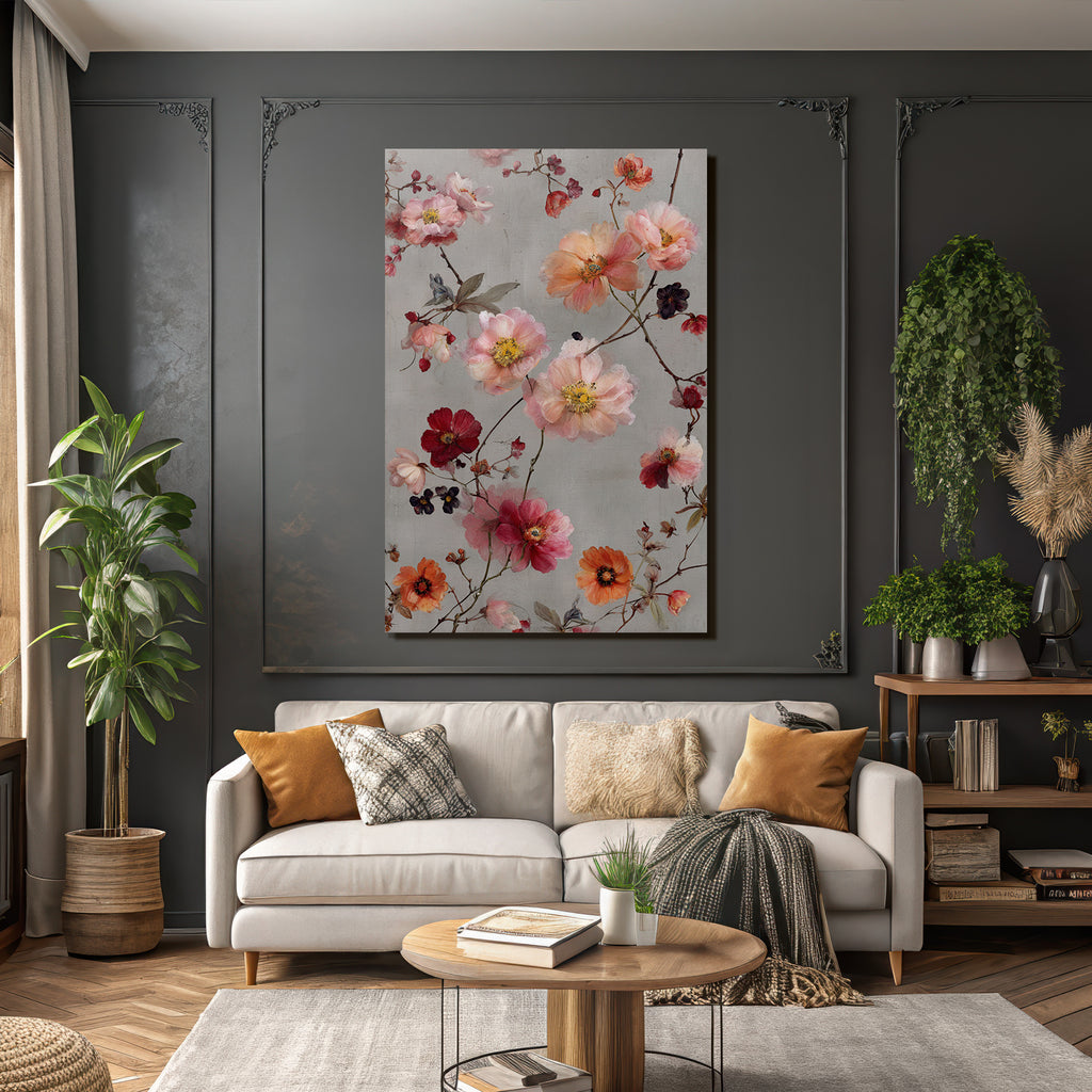 Zarte Blumenanordnung In Rosa Rot Und Orange Auf Graüm Hintergrund