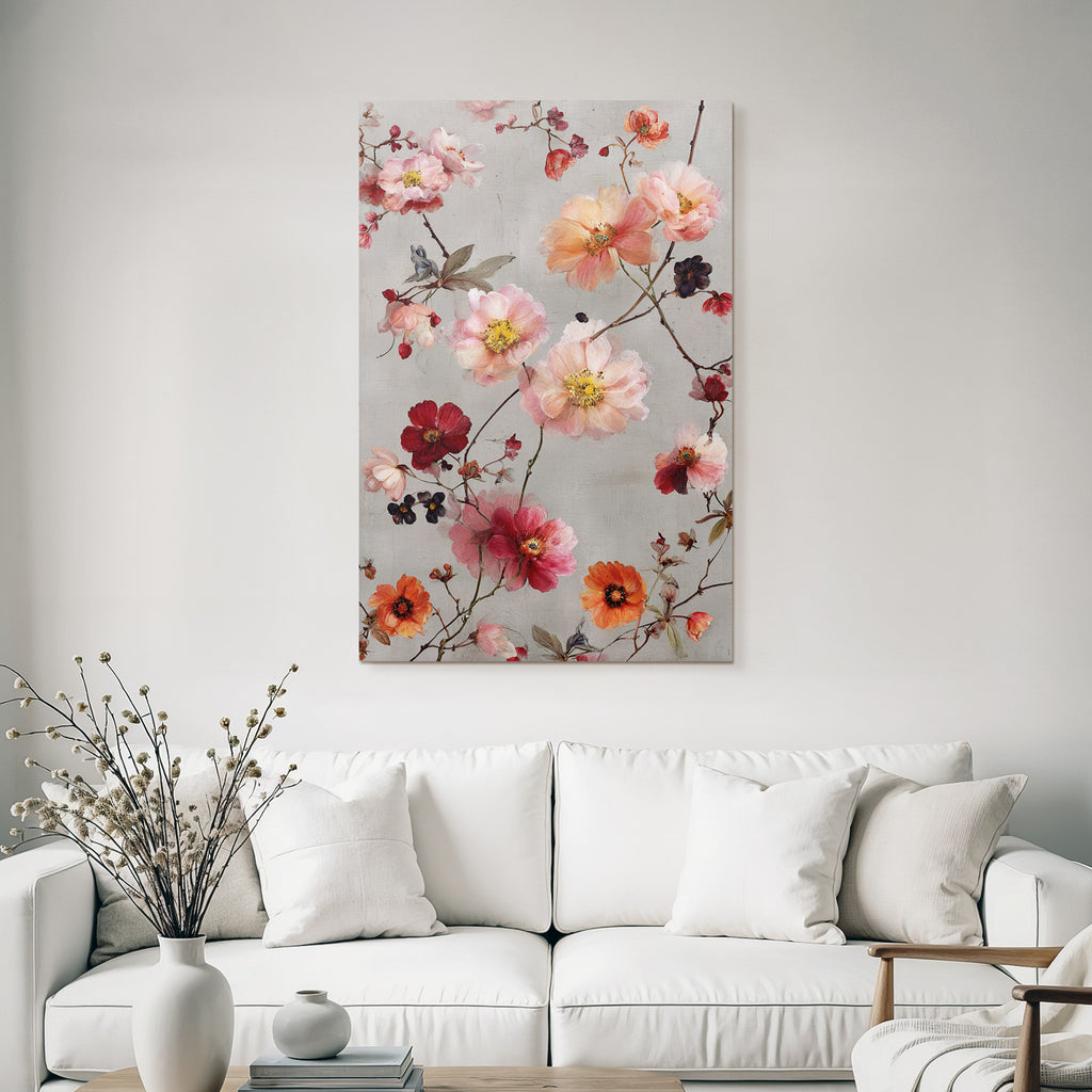 Zarte Blumenanordnung In Rosa Rot Und Orange Auf Graüm Hintergrund