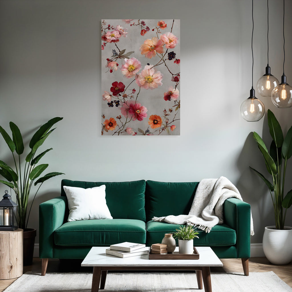 Zarte Blumenanordnung In Rosa Rot Und Orange Auf Graüm Hintergrund
