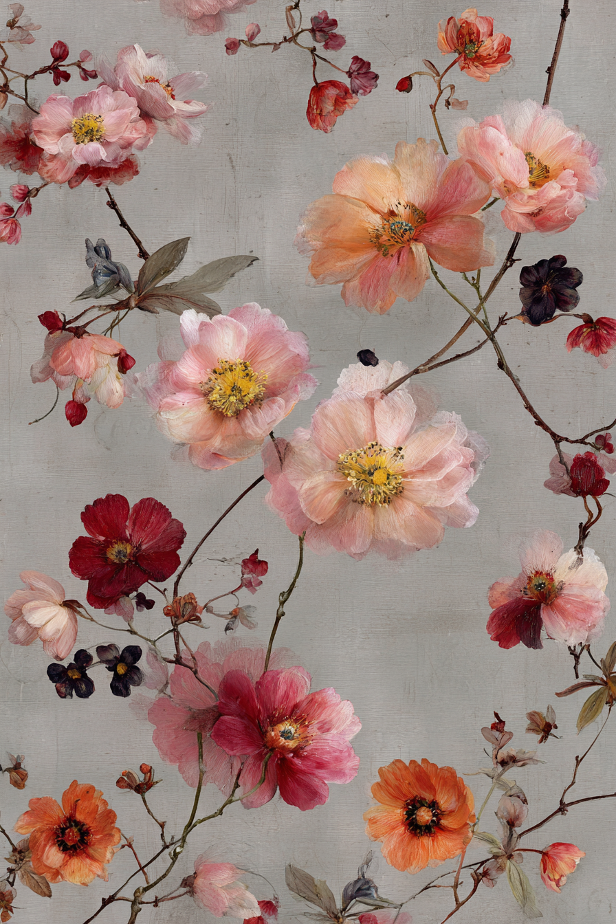 Zarte Blumenanordnung In Rosa Rot Und Orange Auf Graüm Hintergrund | Wasserfaelle und Tropfen | Natur