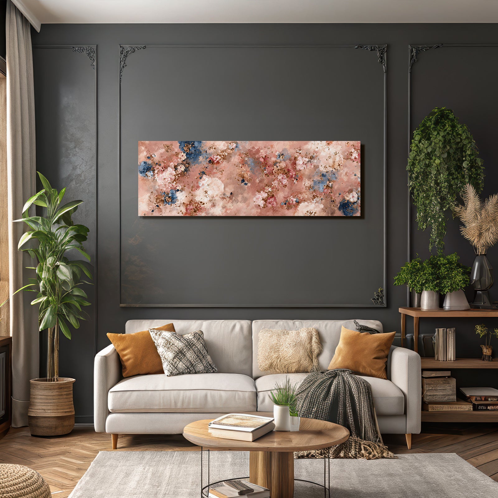 Abstraktes Florales Texturiertes Muster In Pink Blau Und Gold