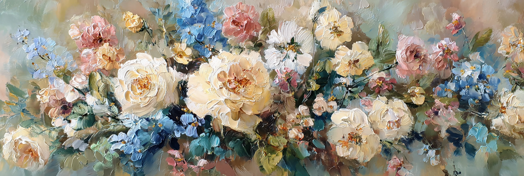 Blumenkomposition Mit Dicken Pinselstrichen Bunten Rosen Und Warmen Hintergrund | Wasserfaelle und Tropfen | Natur