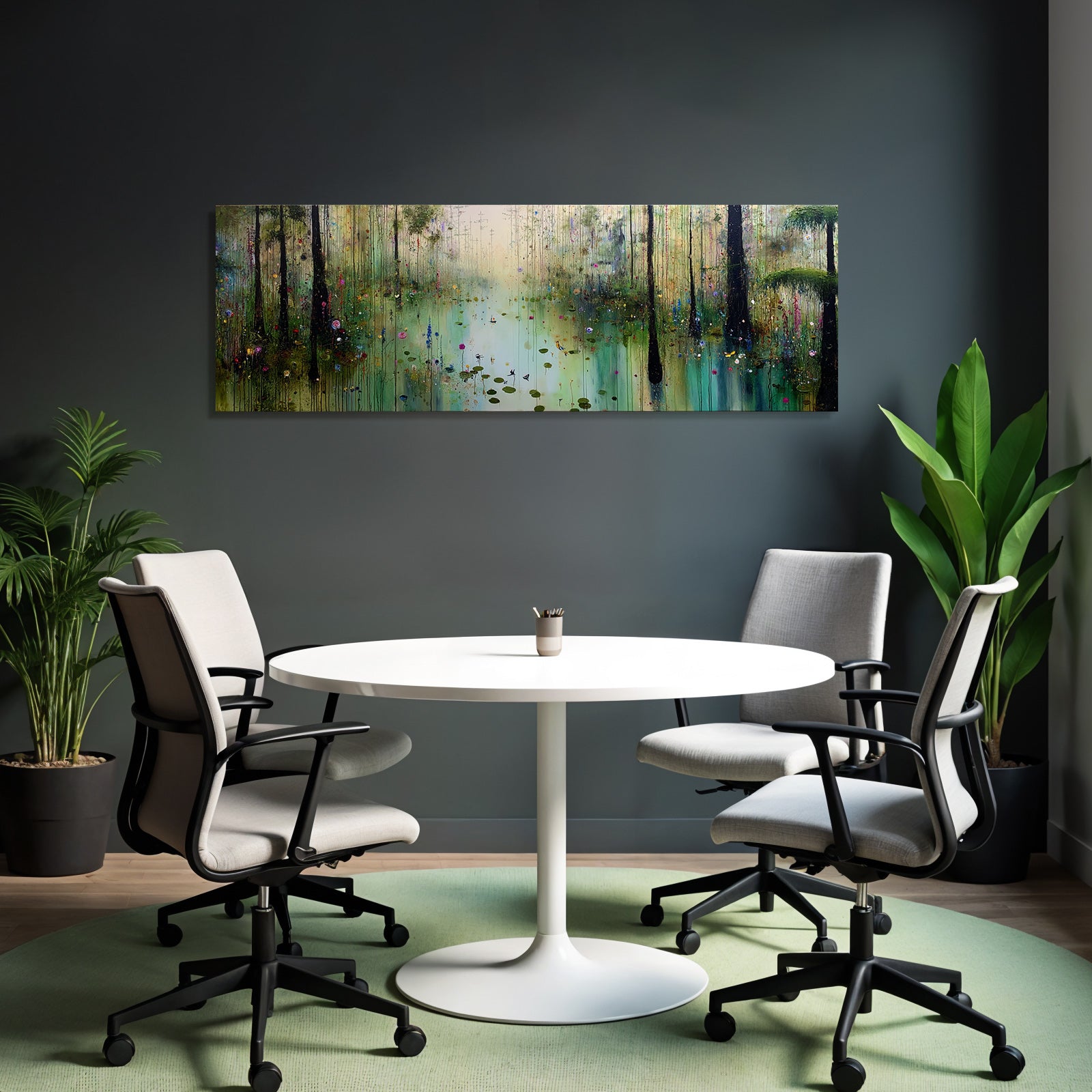 Bunte Abstrakte Landschaft Mit Bäumen Wasser Und Blumen