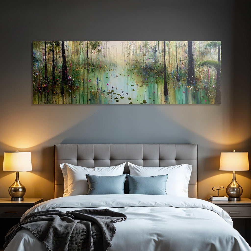 Bunte Abstrakte Landschaft Mit Bäumen Wasser Und Blumen