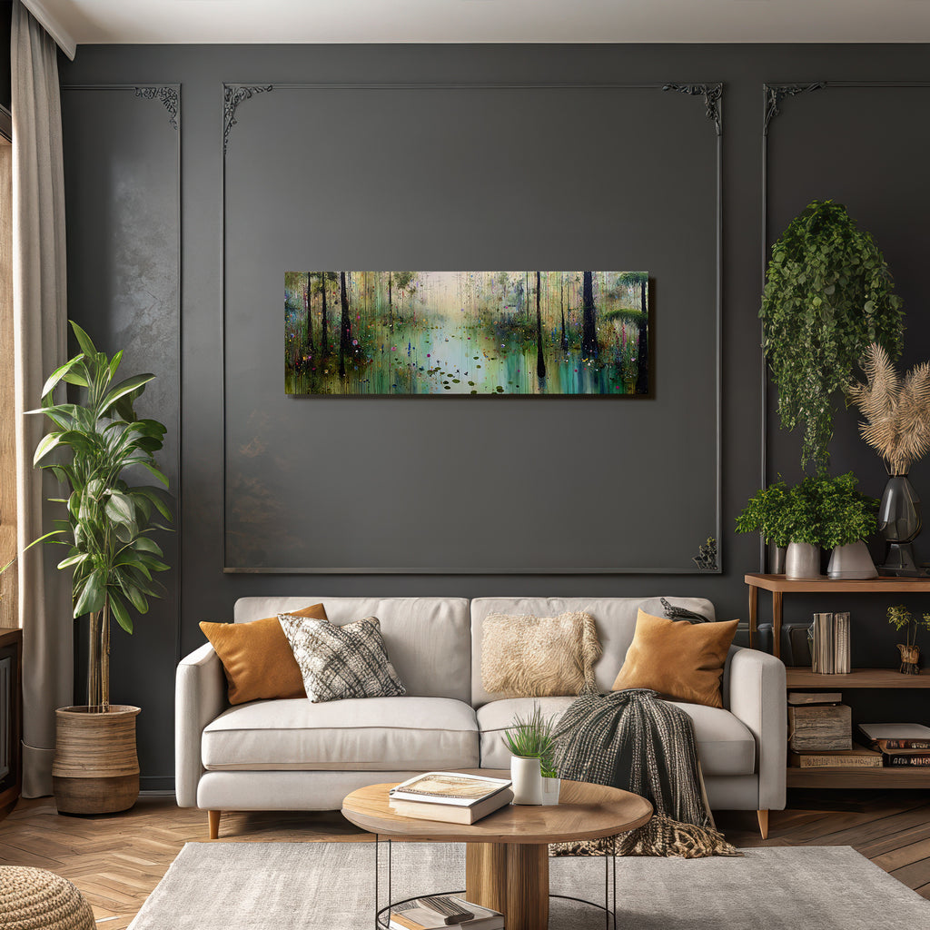 Bunte Abstrakte Landschaft Mit Bäumen Wasser Und Blumen