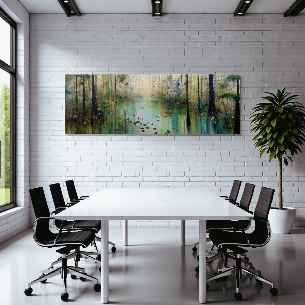 Bunte Abstrakte Landschaft Mit Bäumen Wasser Und Blumen