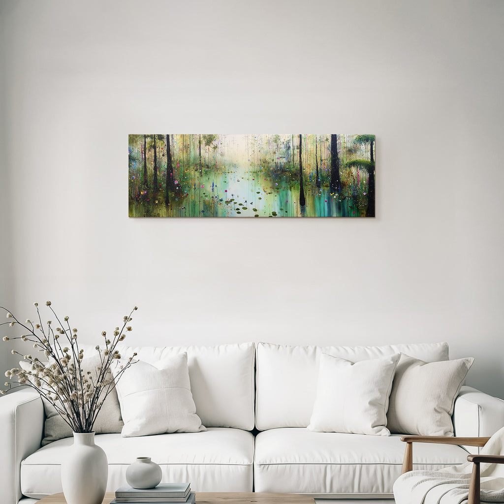 Bunte Abstrakte Landschaft Mit Bäumen Wasser Und Blumen