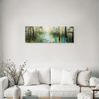 Bunte Abstrakte Landschaft Mit Bäumen Wasser Und Blumen