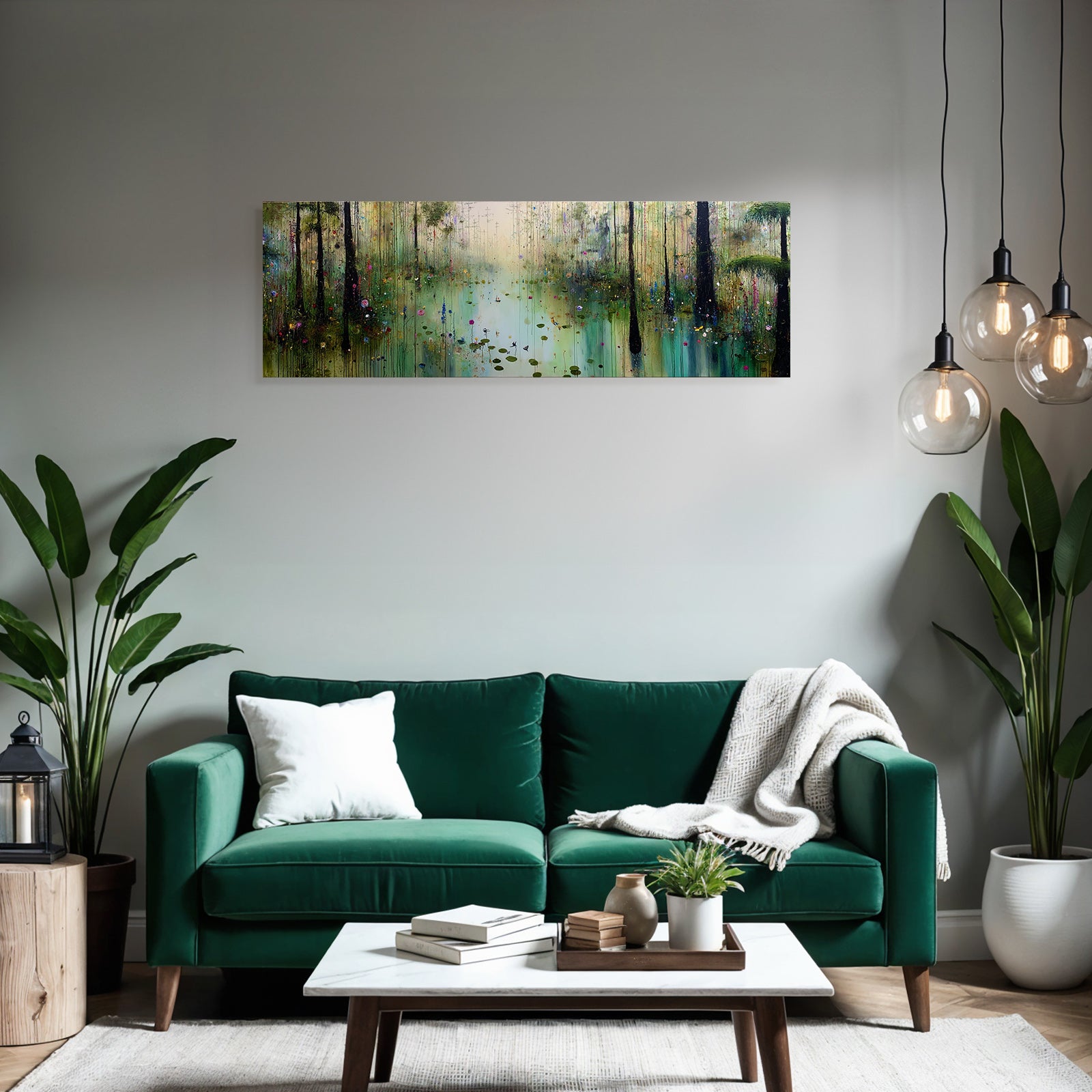 Bunte Abstrakte Landschaft Mit Bäumen Wasser Und Blumen