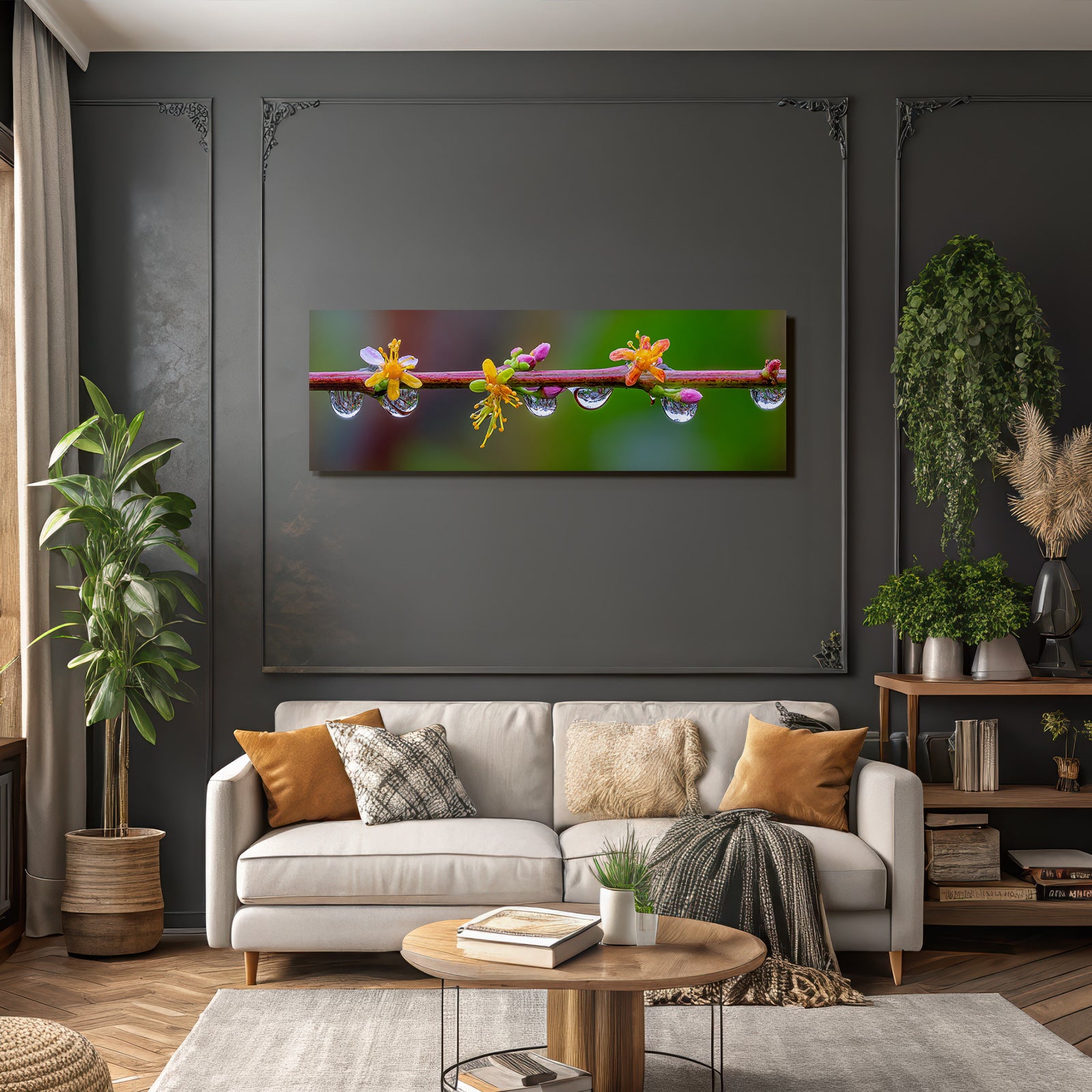 Bunte Blumen Mit Wassertropfen Auf Zweig