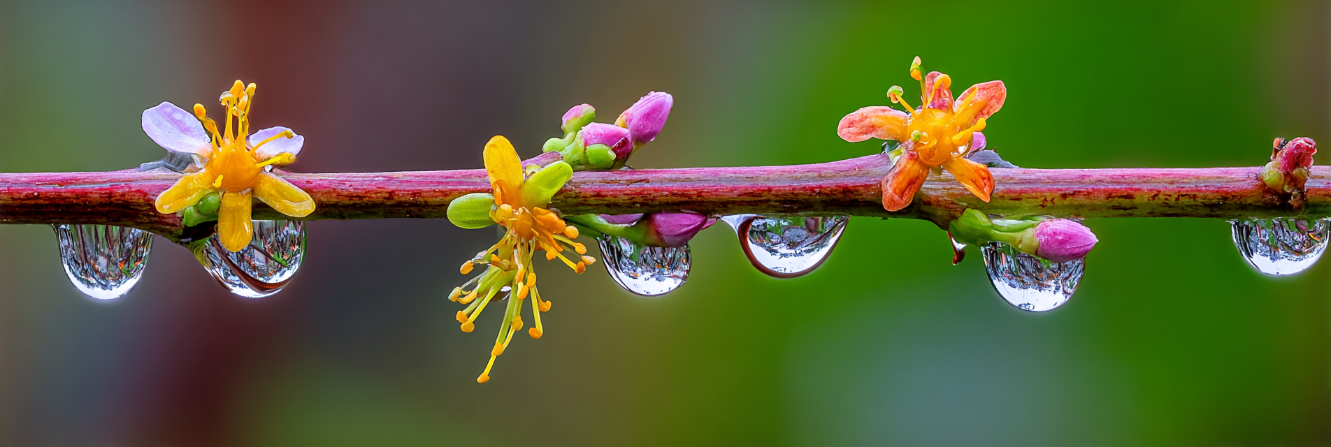 Bunte Blumen Mit Wassertropfen Auf Zweig | Wasserfaelle und Tropfen | Natur