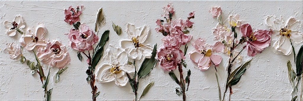 Impasto Blumengemälde Mit Rosa Und Weissen Blumen | Wasserfaelle und Tropfen | Natur