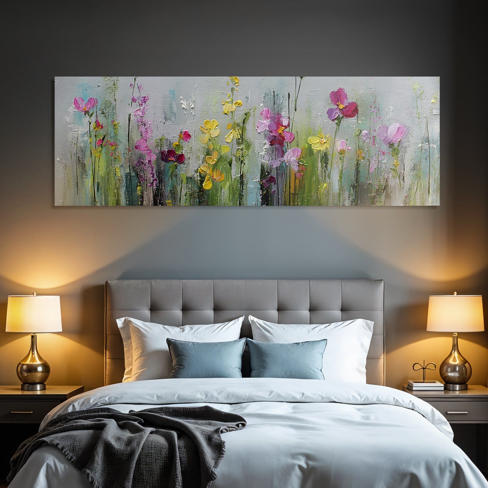 Impressionistische Blumenwiese Pink Lila Gelb Und Grun Auf Graüm Hintergrund