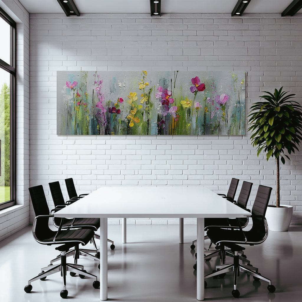 Impressionistische Blumenwiese Pink Lila Gelb Und Grun Auf Graüm Hintergrund