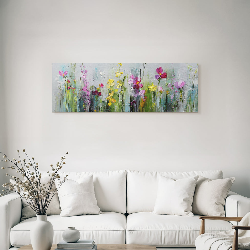 Impressionistische Blumenwiese Pink Lila Gelb Und Grun Auf Graüm Hintergrund