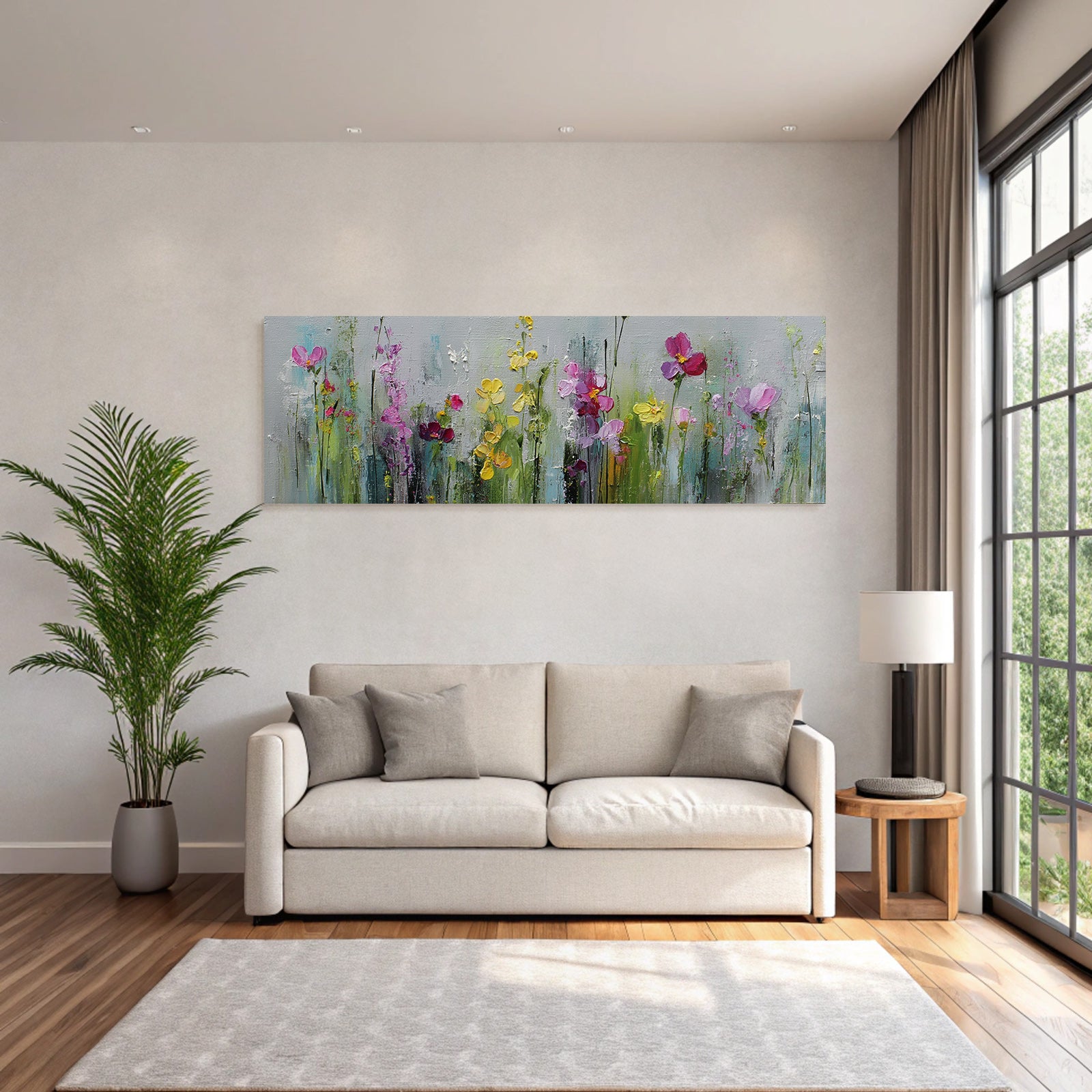 Impressionistische Blumenwiese Pink Lila Gelb Und Grun Auf Graüm Hintergrund