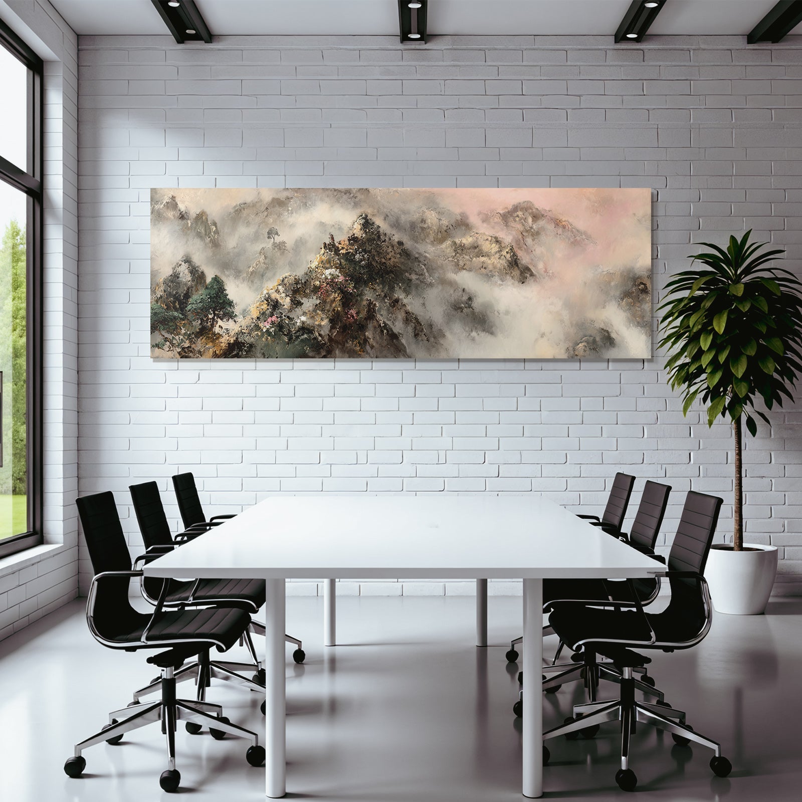 Malerische Nebelhafte Berglandschaft Mit Bäumen Und Blühenden Blumen