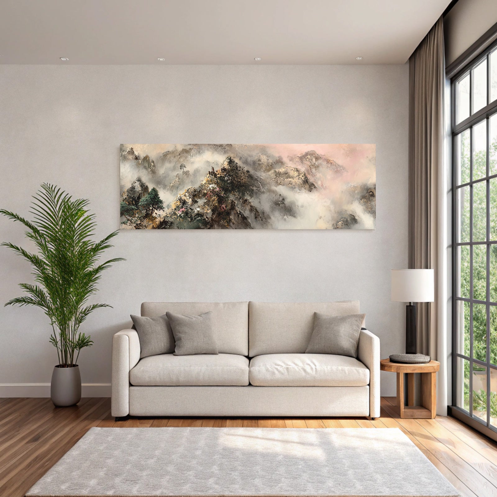 Malerische Nebelhafte Berglandschaft Mit Bäumen Und Blühenden Blumen