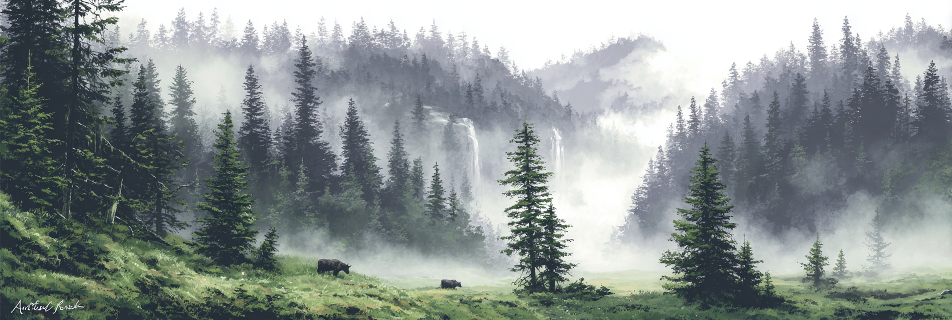 Morgendlicher Nebliger Wald Mit Gras Und Wasserfall | Wasserfaelle und Tropfen | Natur