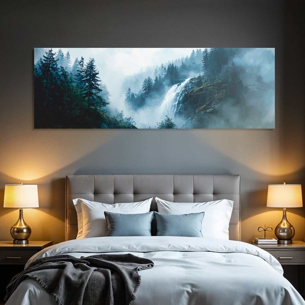 Nebliger Wald Mit Wasserfall Im Digitalen Stil