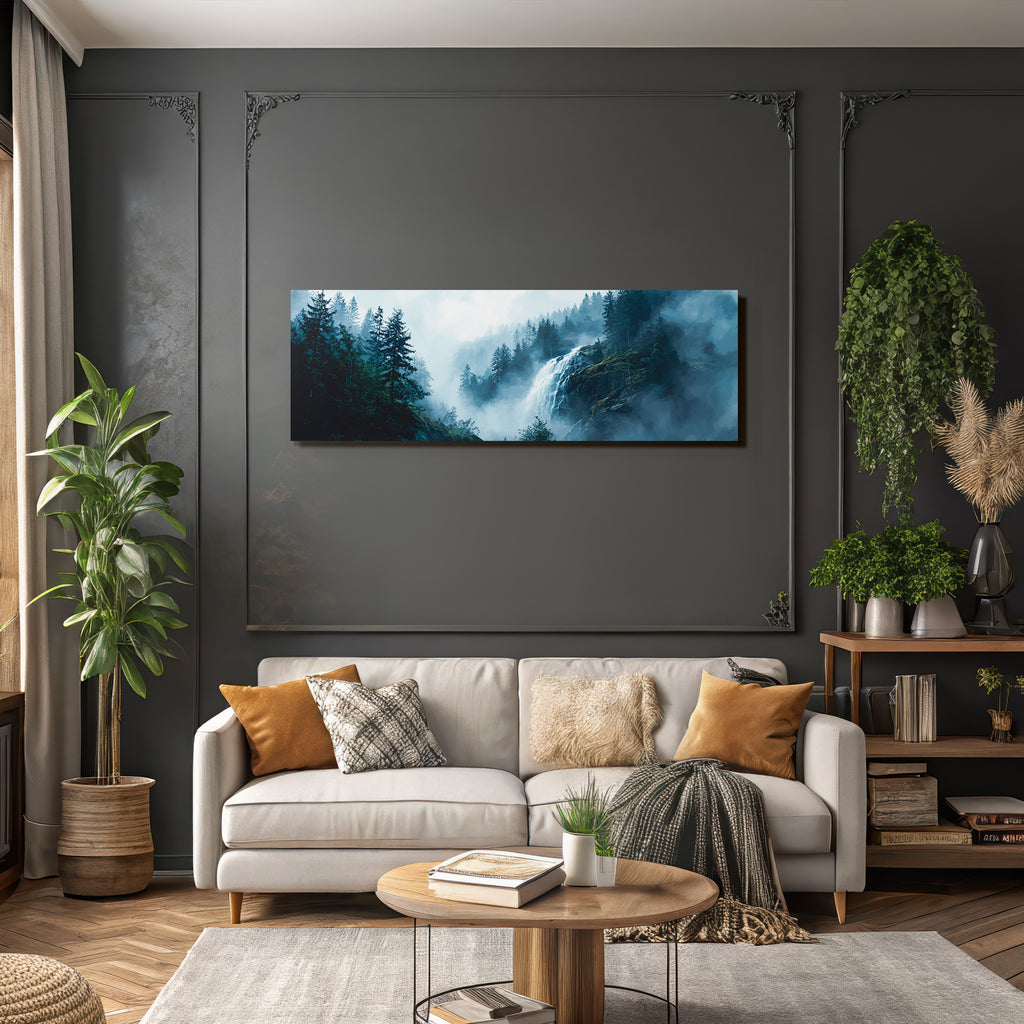 Nebliger Wald Mit Wasserfall Im Digitalen Stil