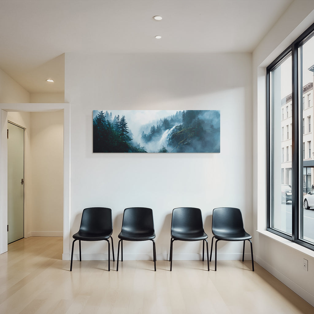 Nebliger Wald Mit Wasserfall Im Digitalen Stil