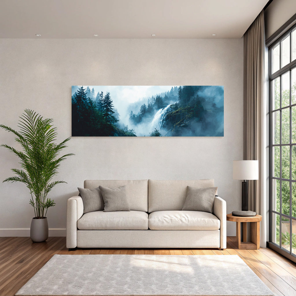Nebliger Wald Mit Wasserfall Im Digitalen Stil