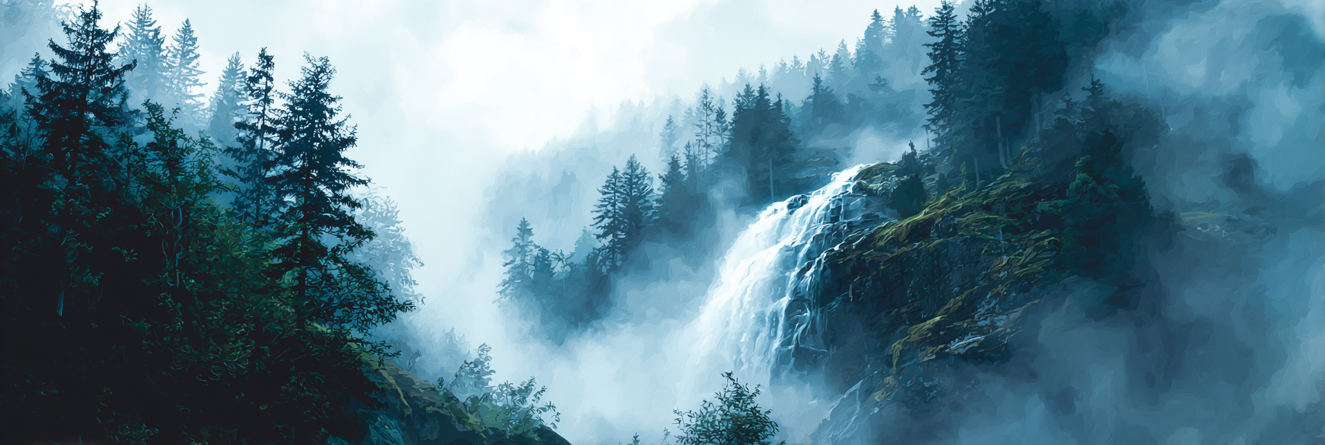 Nebliger Wald Mit Wasserfall Im Digitalen Stil | Wasserfaelle und Tropfen | Natur