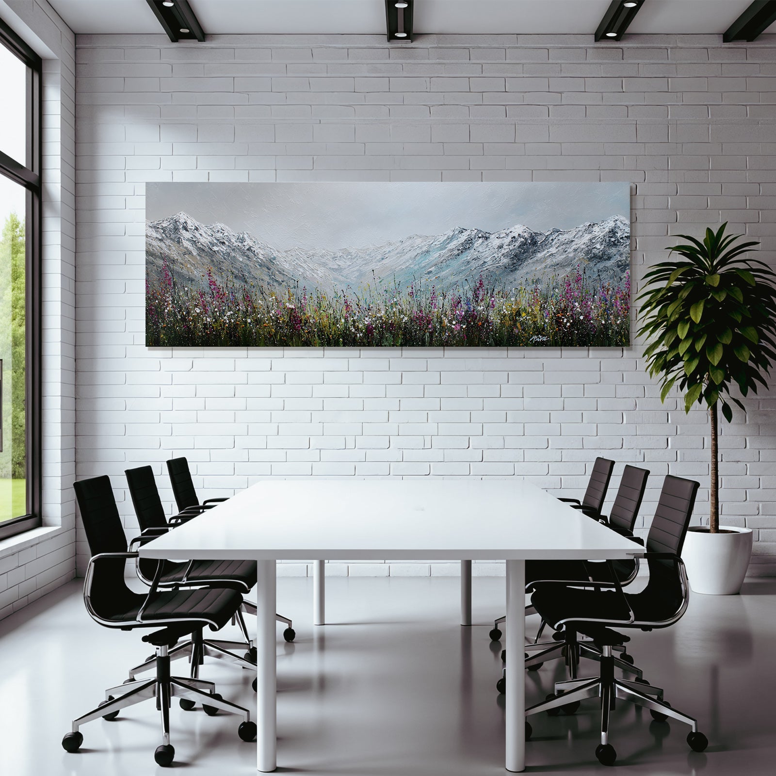 Schneebedeckte Berge Und Bunte Blumenwiese
