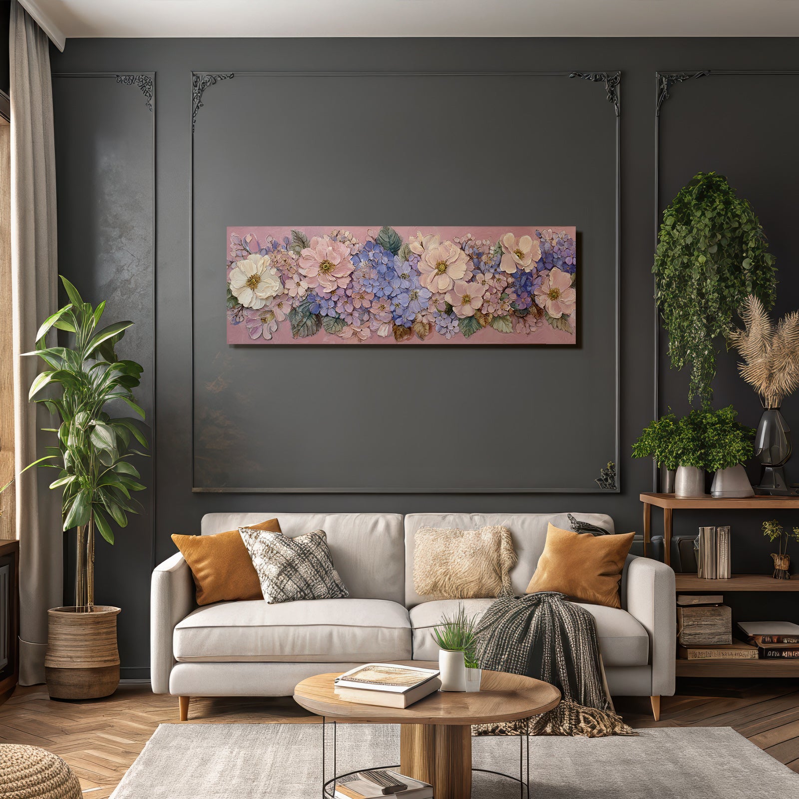 Texturiertes Blumenbild Mit Rosanen Und Blaün Blüten