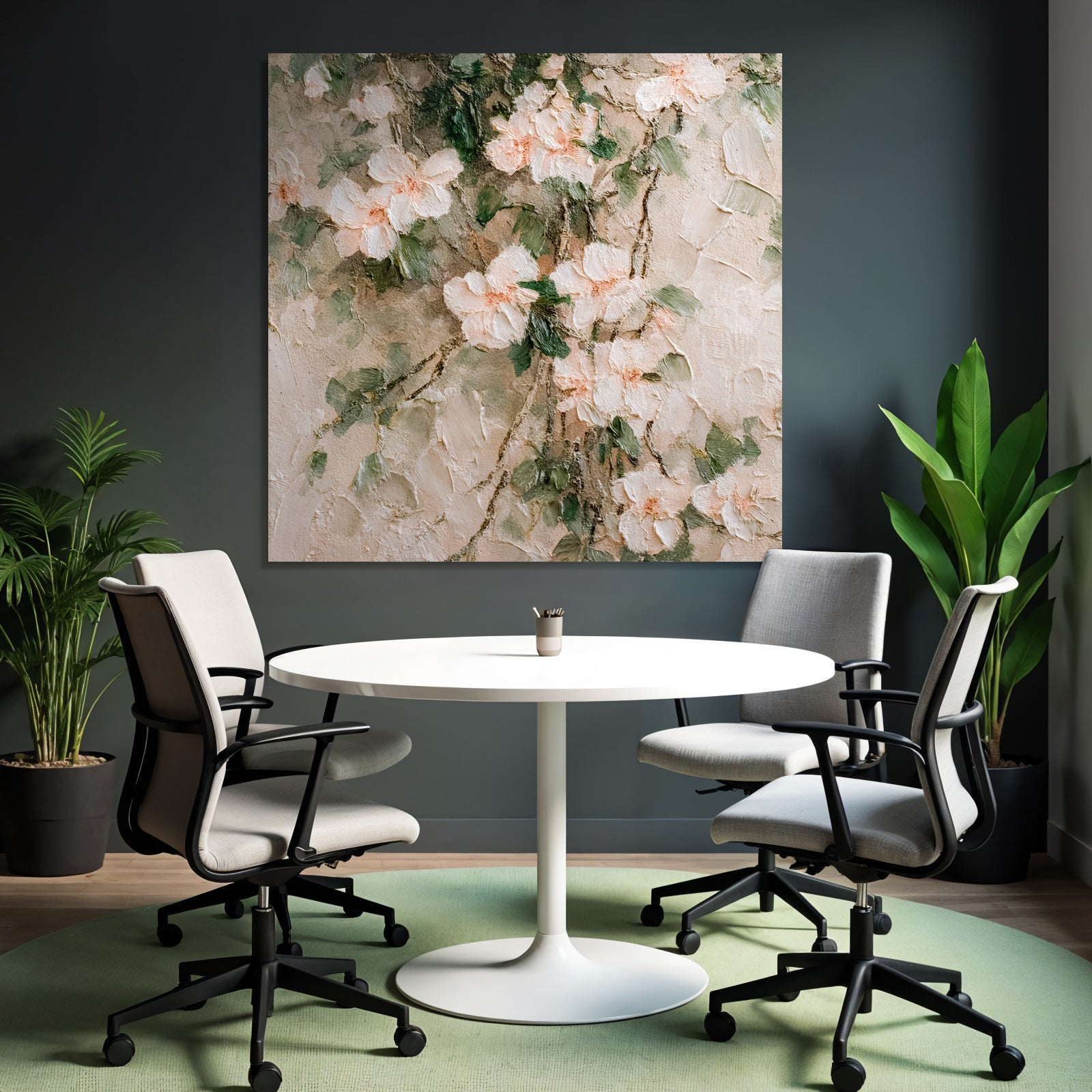 Abstrakte Florale Malerei Zarte Blüten Rosa Weiss Mit Grünem Laub