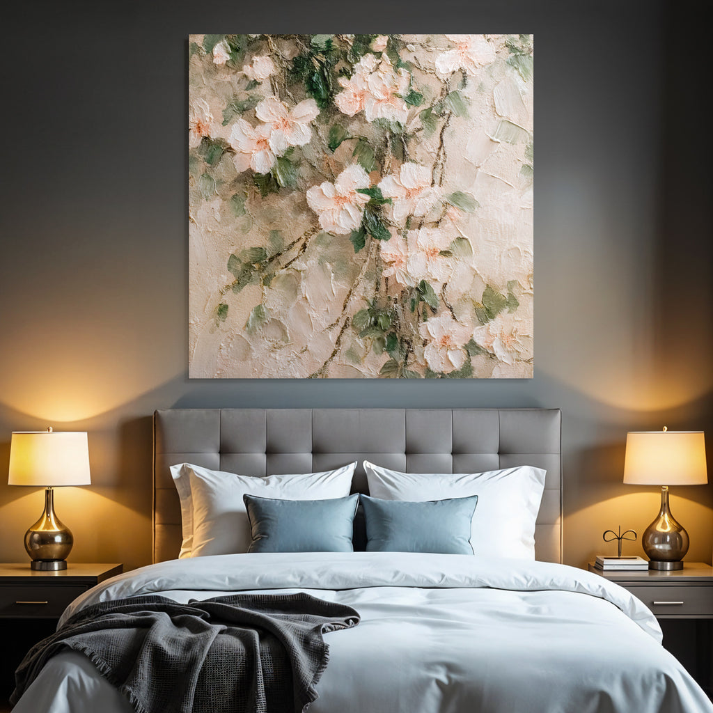 Abstrakte Florale Malerei Zarte Blüten Rosa Weiss Mit Grünem Laub
