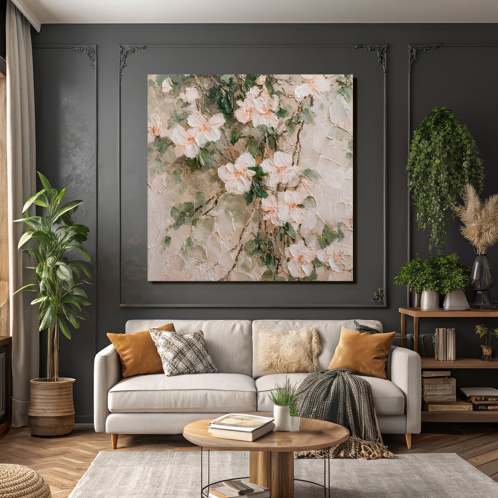 Abstrakte Florale Malerei Zarte Blüten Rosa Weiss Mit Grünem Laub