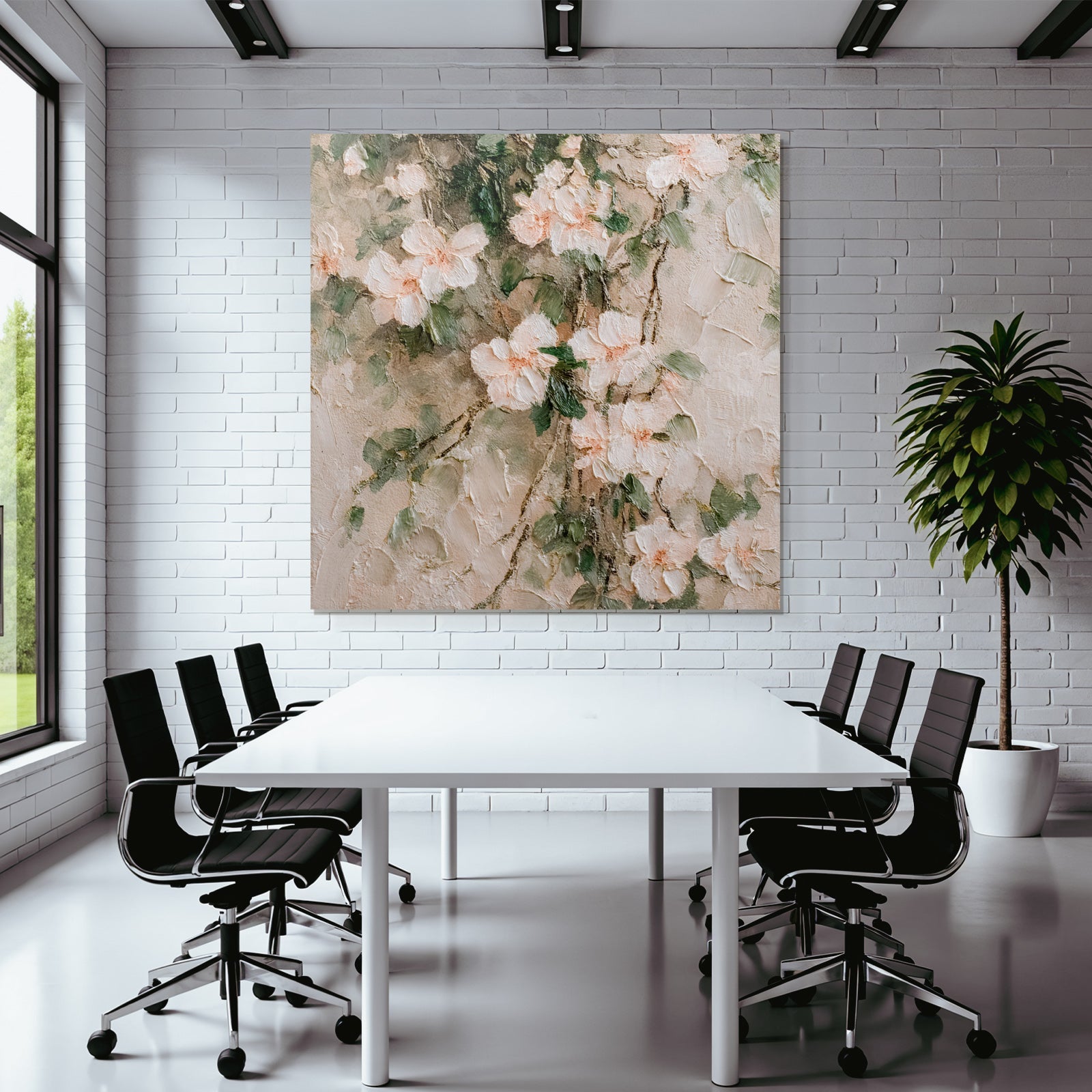 Abstrakte Florale Malerei Zarte Blüten Rosa Weiss Mit Grünem Laub