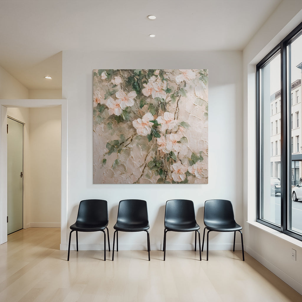 Abstrakte Florale Malerei Zarte Blüten Rosa Weiss Mit Grünem Laub